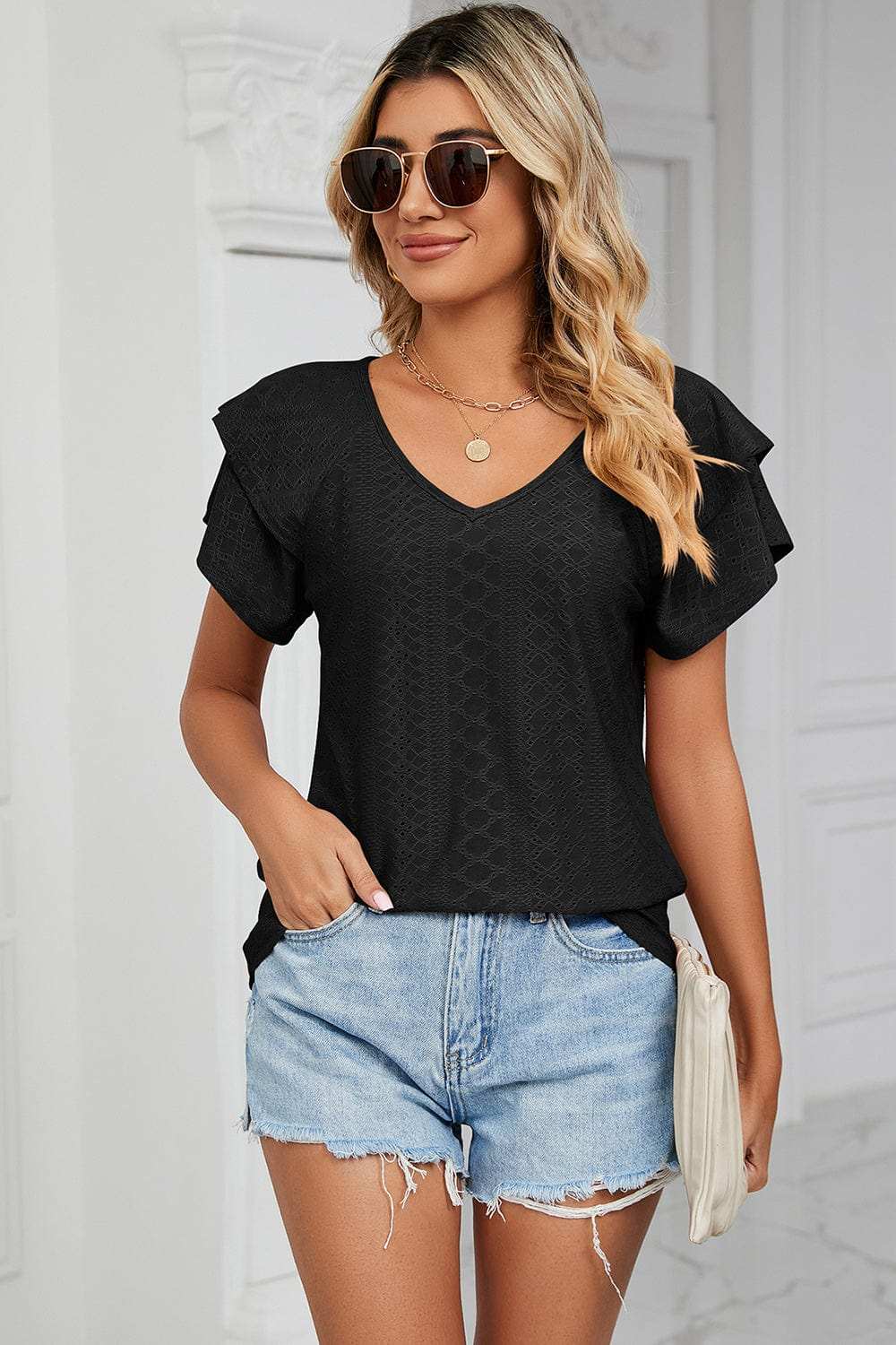 Eyelet V-Neck Short Sleeve T-Shirt - Trendsi - Flyclothing LLC