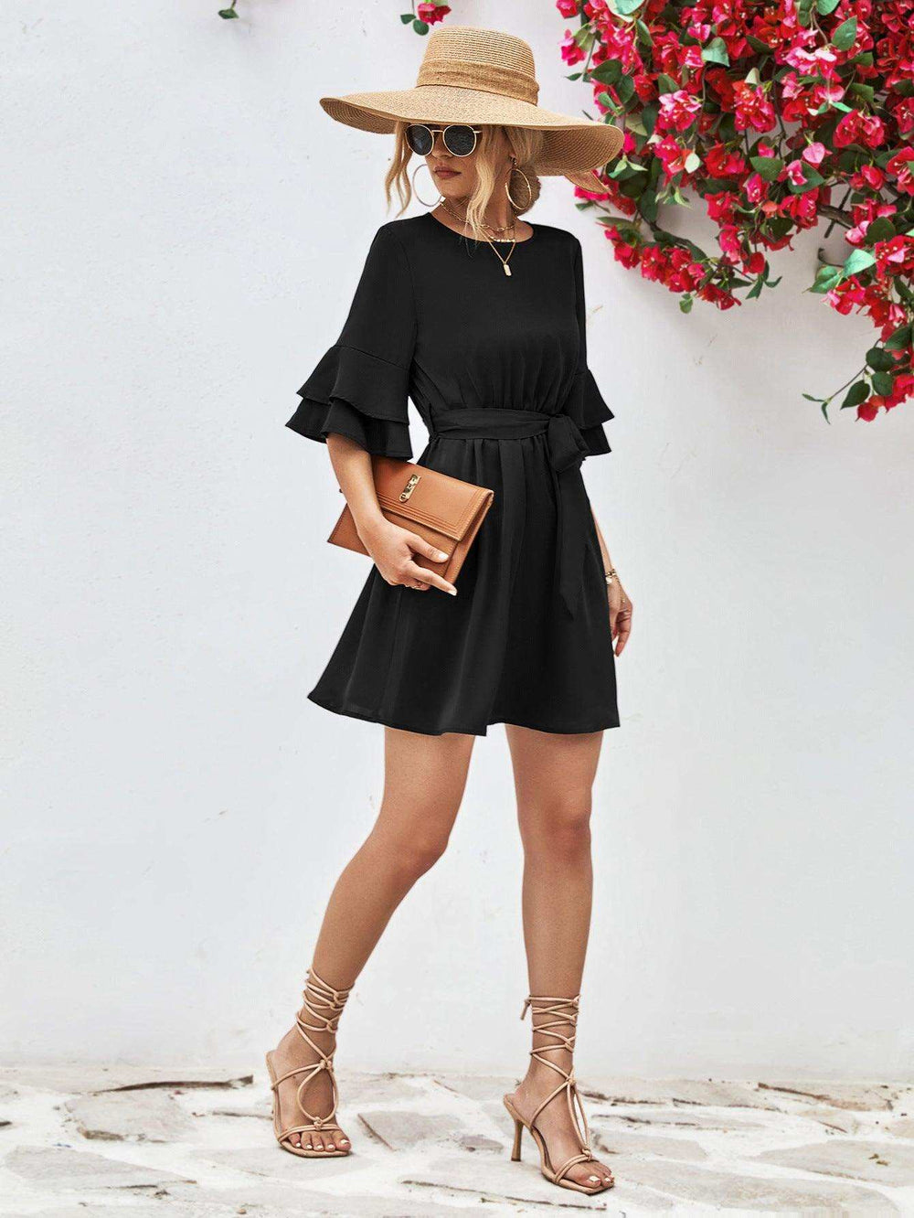 Round Neck Tie Belt Flounce Sleeve Dress - Trendsi - Flyclothing LLC