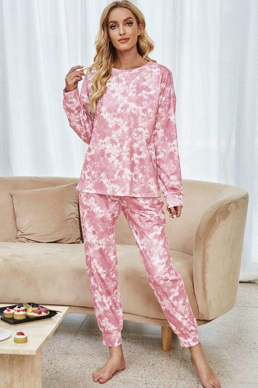 Tie-Dye Long Sleeve Top and Drawstring Joggers Lounge Set - Trendsi - Flyclothing LLC