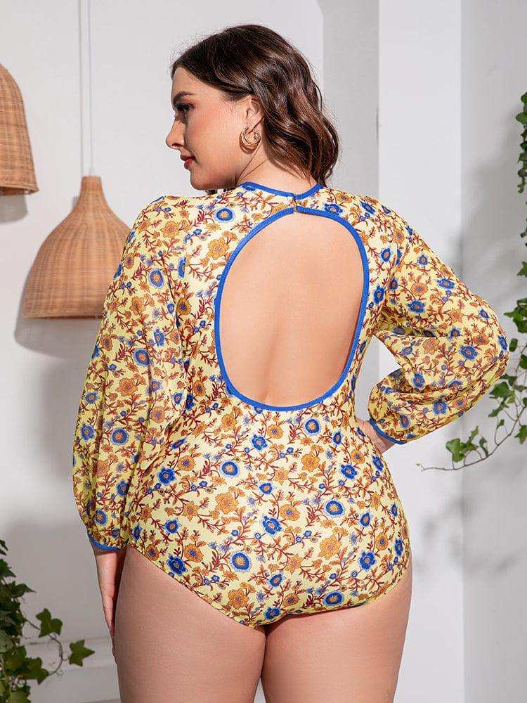 Plus Size Floral Open Back Long Sleeve One-Piece Swimsuit - Trendsi - Flyclothing LLC