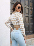 Houndstooth Johnny Collar Cropped Sweater - Trendsi - Flyclothing LLC
