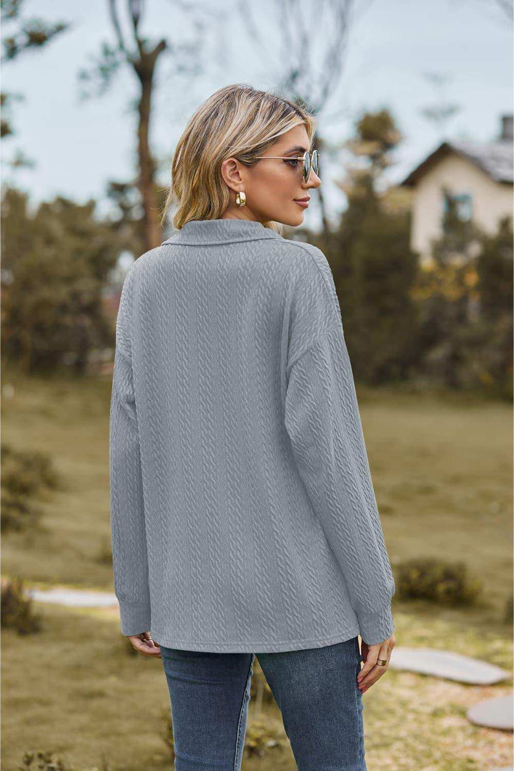 Collared Neck Cable-Knit Long Sleeve Blouse - Trendsi - Flyclothing LLC
