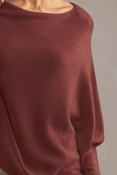 Full Size Boat Neck Batwing Sleeve Knit Top - Trendsi - Flyclothing LLC