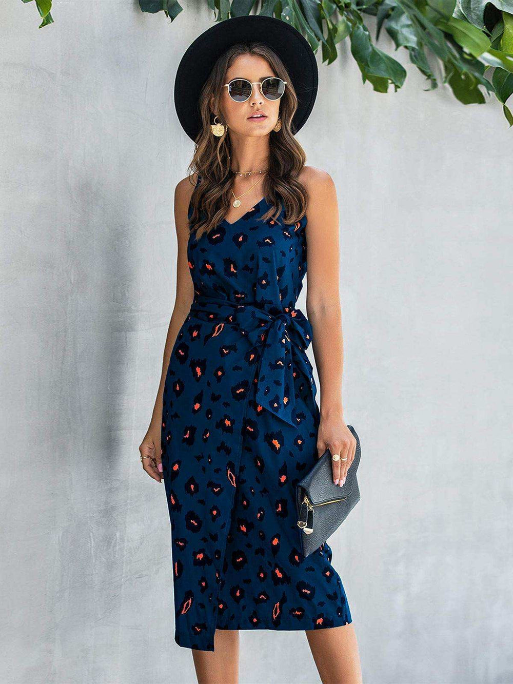 Printed Tie-Waist Spaghetti Strap Dress - Trendsi - Flyclothing LLC