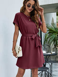 Belted Round Neck Curved Hem Dress - Trendsi - Flyclothing LLC