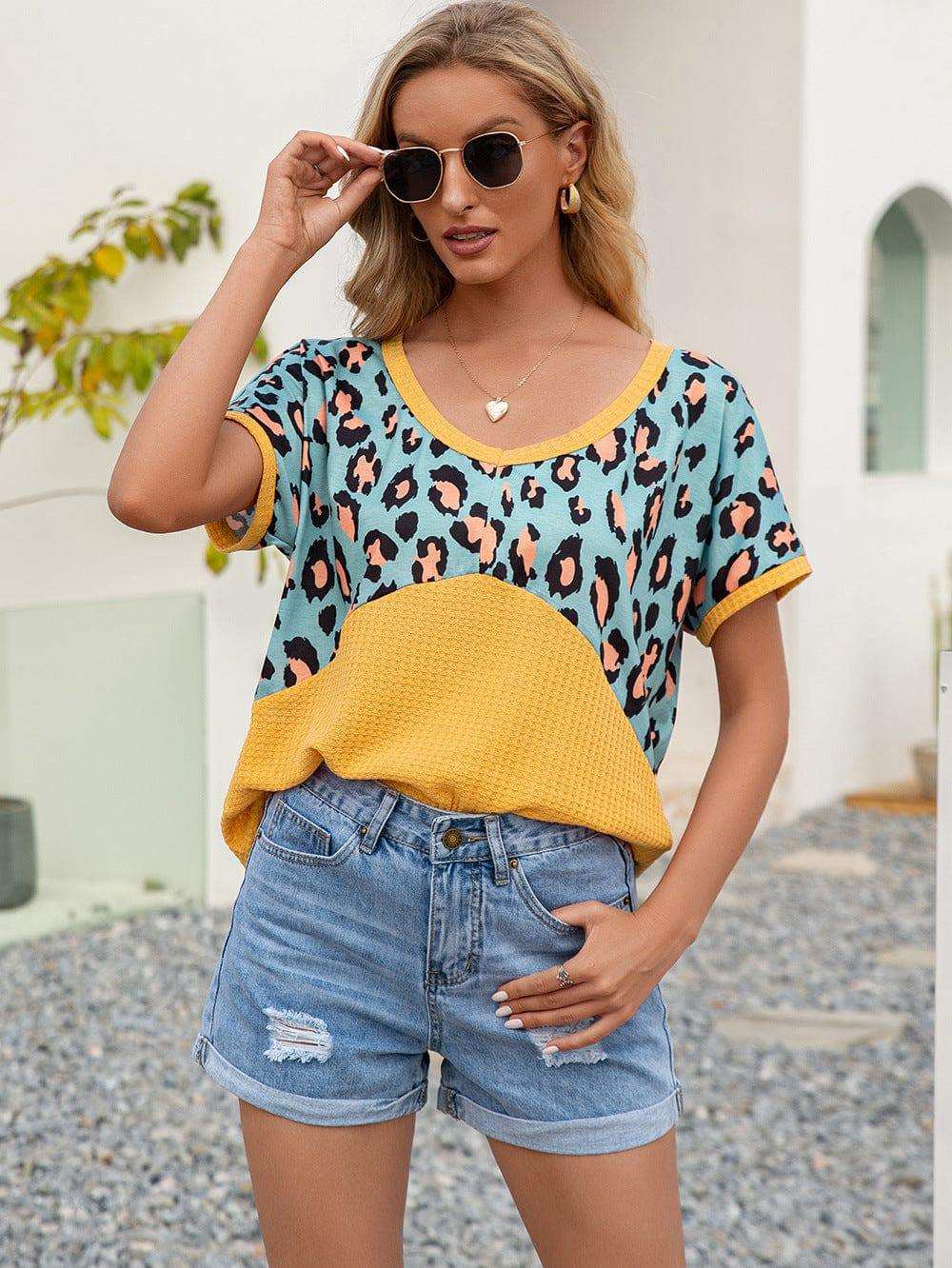 Leopard Waffle-Knit Short Sleeve Top - Trendsi - Flyclothing LLC