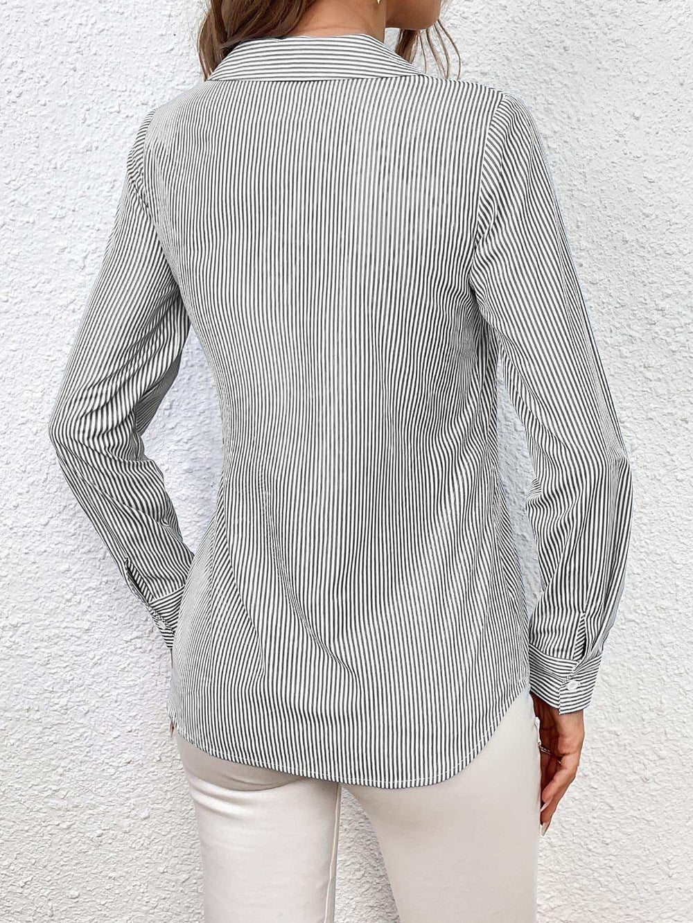 Bow Tie Waist Johnny Collar Neck Striped Blouse - Trendsi - Flyclothing LLC
