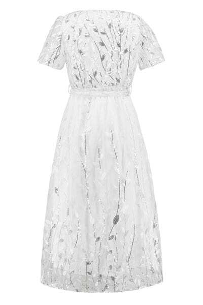 Sequin Leaf Embroidery Tie Front Short Sleeve Dress - Trendsi - Flyclothing LLC