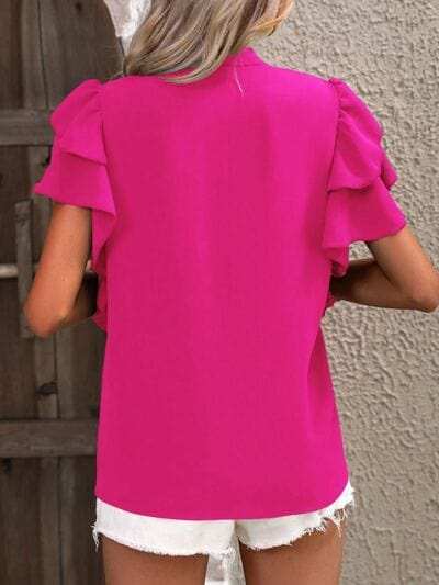 Ruffled Notched Short Sleeve Blouse - Trendsi - Flyclothing LLC