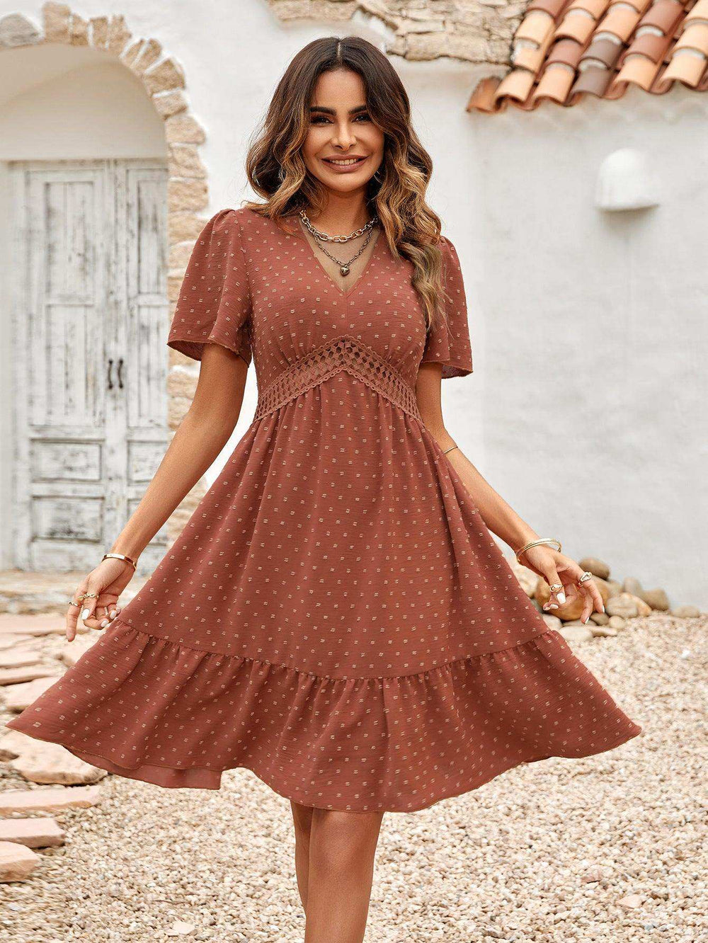 Swiss Dot V-Neck Openwork Puff Sleeve Dress - Trendsi - Flyclothing LLC
