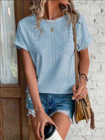 Eyelet Round Neck Short Sleeve T-Shirt - Trendsi - Flyclothing LLC