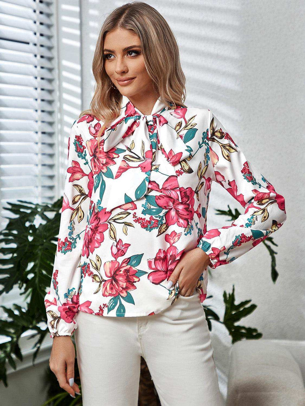 Printed Tie Neck Long Sleeve Blouse - Trendsi - Flyclothing LLC
