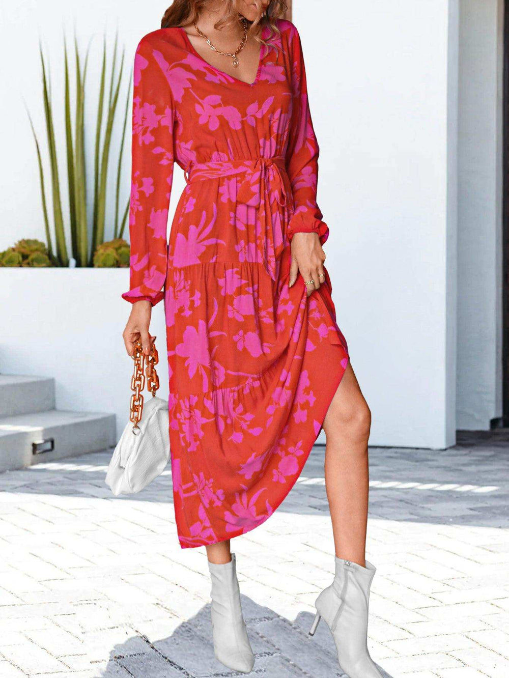 Floral V-Neck Long Sleeve Dress - Trendsi - Flyclothing LLC