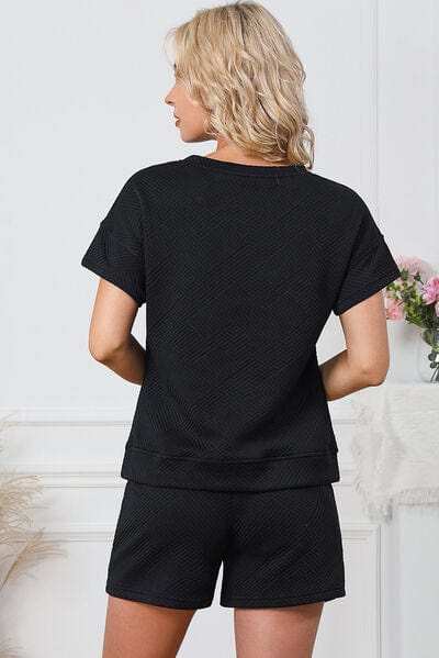 Textured Round Neck T-Shirt and Shorts Set - Trendsi - Flyclothing LLC