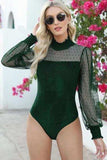 Mesh Long Sleeve Velvet Bodysuit - Trendsi - Flyclothing LLC