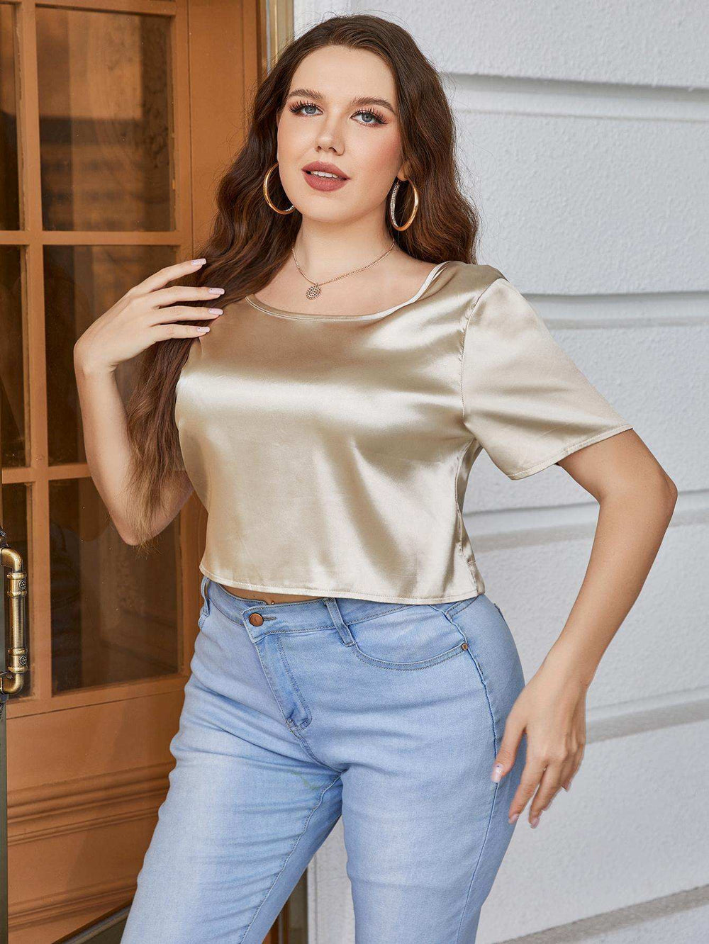 Plus Size Short Sleeve Tie Back Blouse - Trendsi - Flyclothing LLC