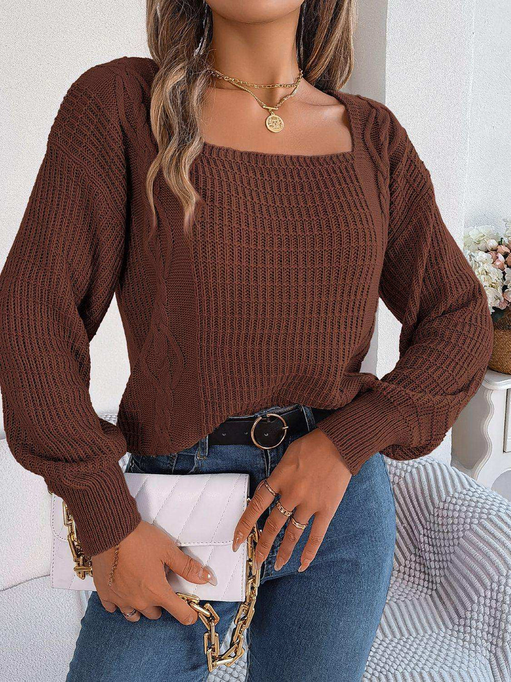 Square Neck Mixed Knit Sweater - Trendsi - Flyclothing LLC
