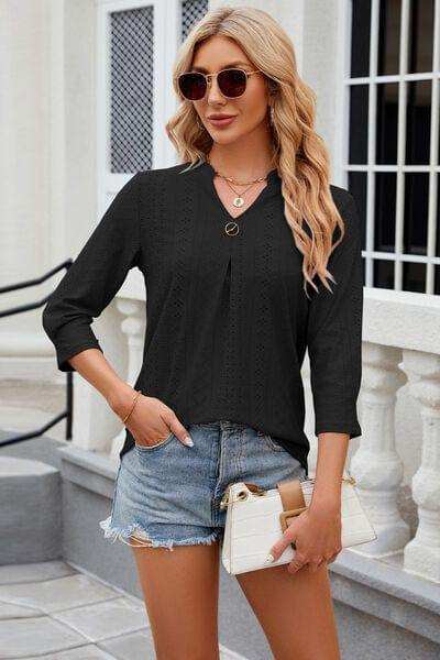 Eyelet Notched Knit Jacquard Top - Trendsi - Flyclothing LLC