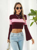Ribbed Color Block Round Neck Cropped Sweater - Trendsi - Flyclothing LLC