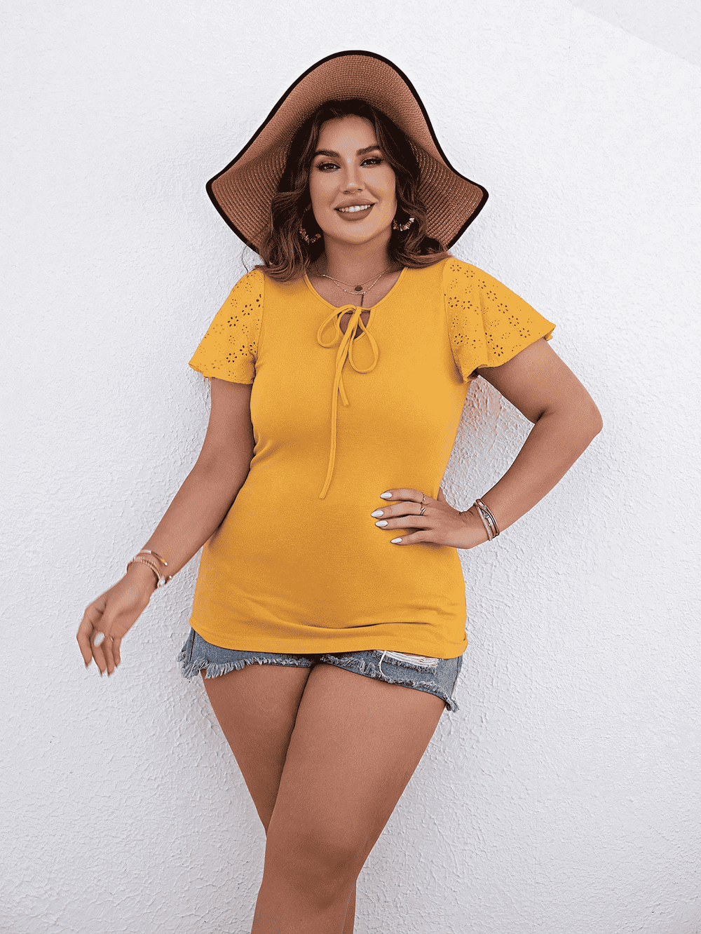 Plus Size Round Neck Blouse with Tie - Trendsi - Flyclothing LLC