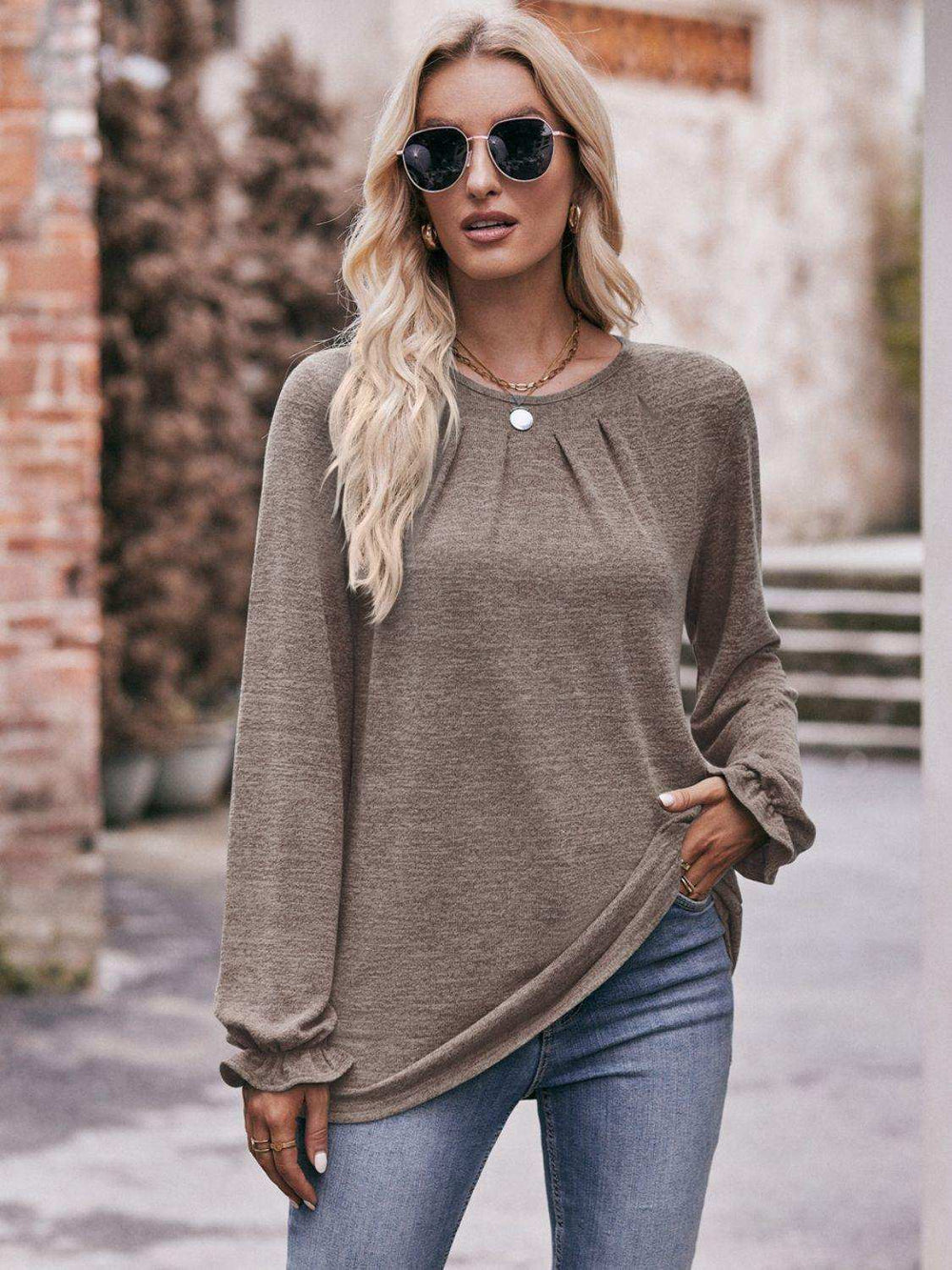 Long Flounce Sleeve Round Neck Blouse - Trendsi - Flyclothing LLC