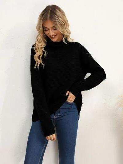 Slit Turtleneck Dropped Shoulder Sweater - Trendsi - Flyclothing LLC