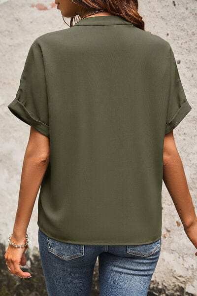 Pocketed Notched Short Sleeve Blouse - Trendsi - Flyclothing LLC