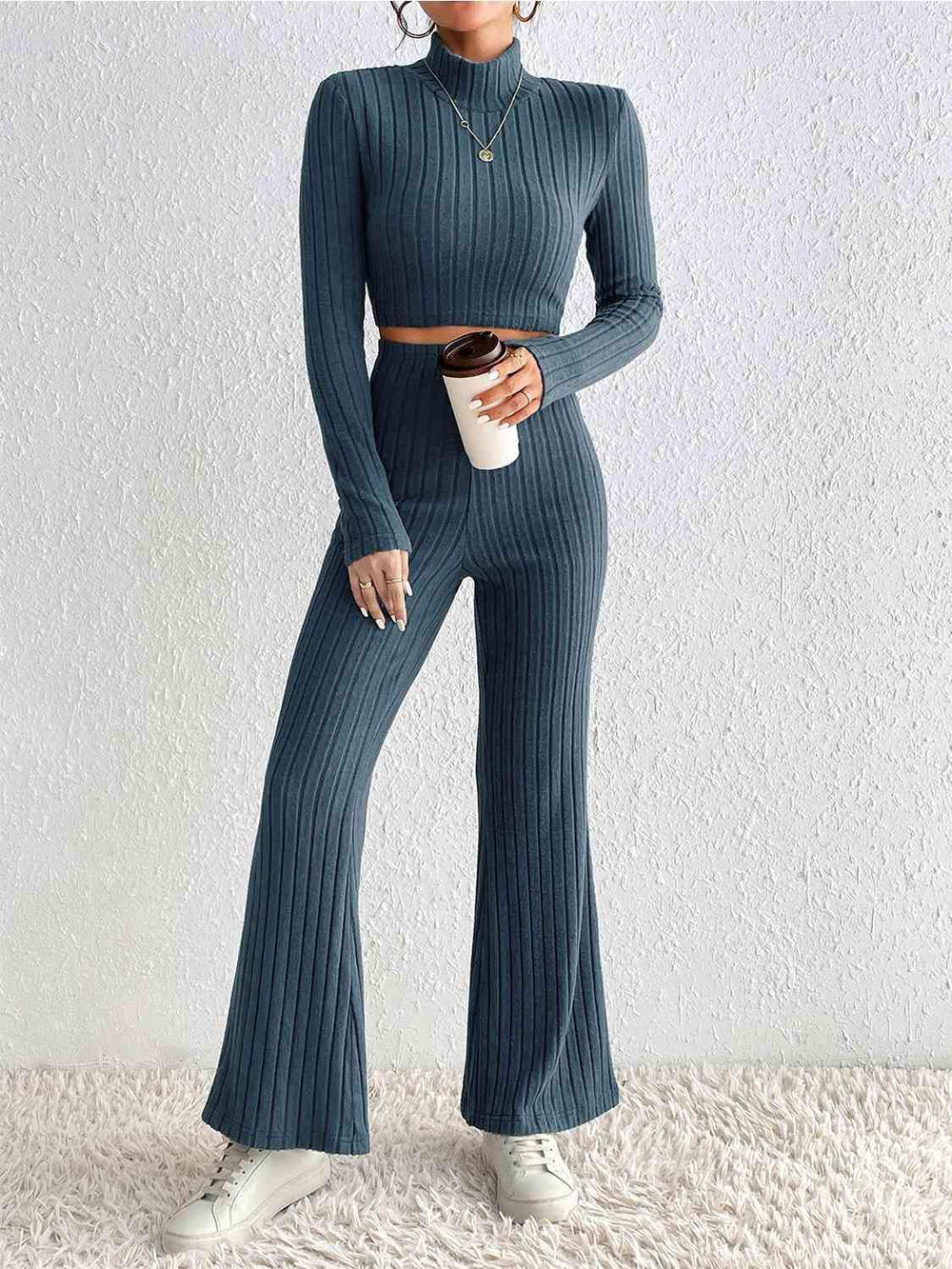 Ribbed Mock Neck Cropped Sweater & High Waist Pants Set - Trendsi - Flyclothing LLC