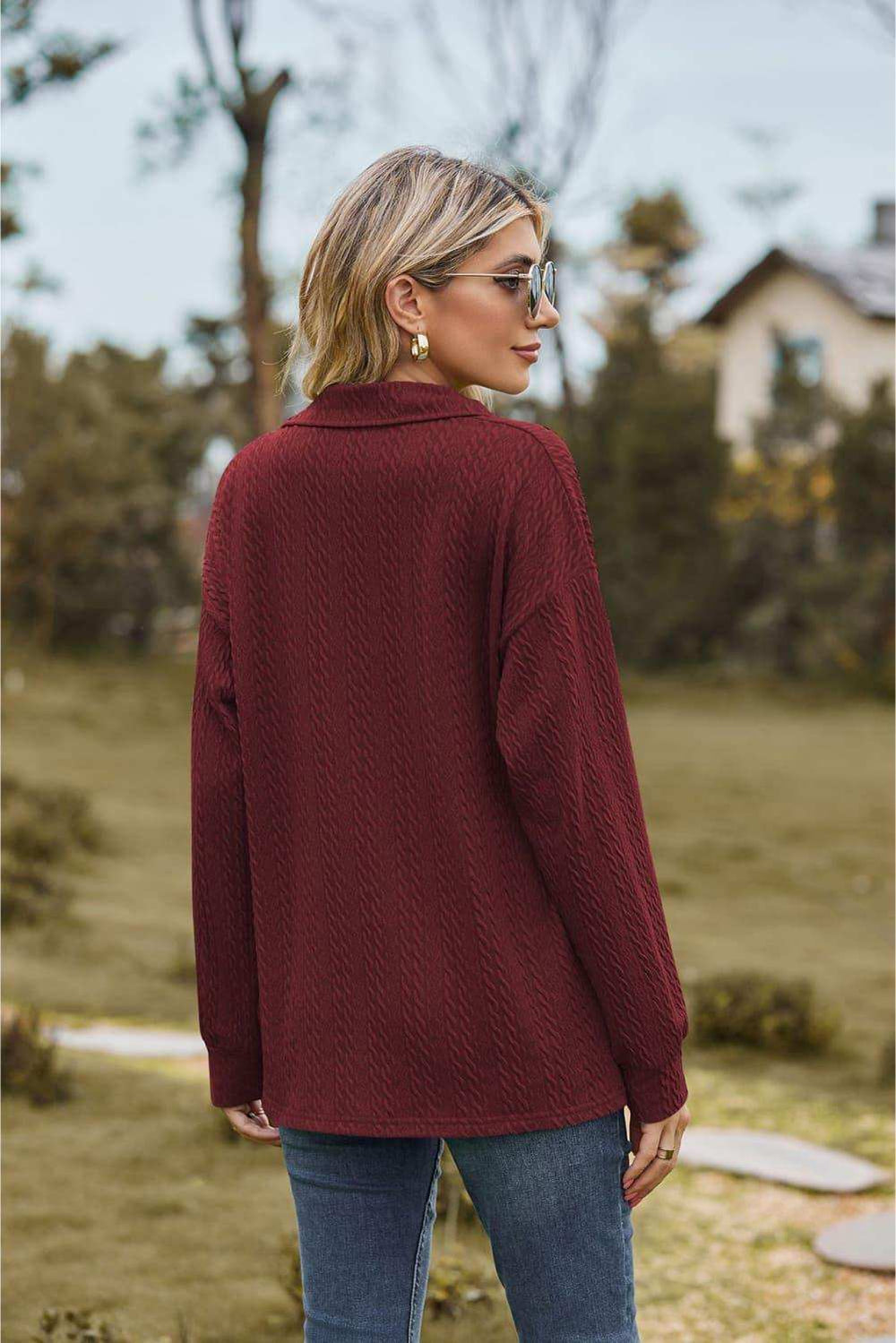 Collared Neck Cable-Knit Long Sleeve Blouse - Trendsi - Flyclothing LLC