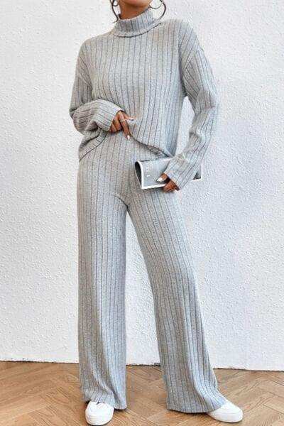 Mock Neck Dropped Shoulder Top and Pants Set - Trendsi - Flyclothing LLC