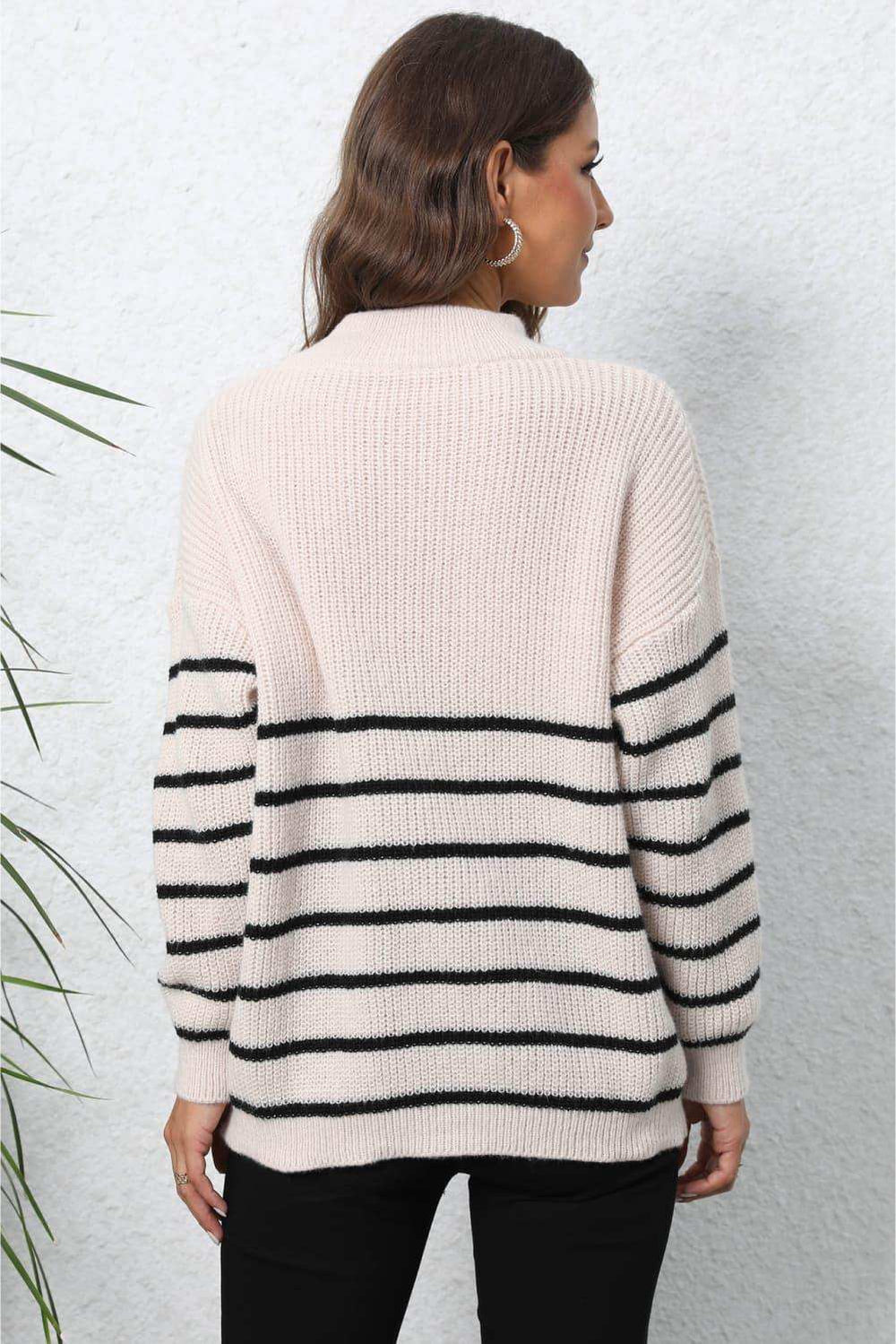 Striped Zip-Up Long Sleeve Ribbed Sweater - Trendsi - Flyclothing LLC