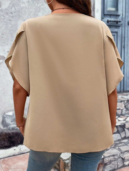 Plus Size V-Neck Flutter Sleeve Blouse - Trendsi - Flyclothing LLC