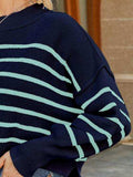 Round Neck Striped Lantern Sleeve Sweater - Trendsi - Flyclothing LLC