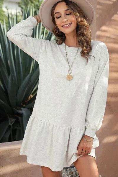 Round Neck Dropped Shoulder Mini Dress - Trendsi - Flyclothing LLC