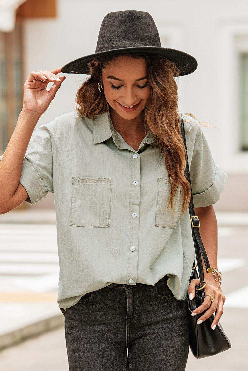 Button Front Collared Short Sleeve Shirt - Trendsi - Flyclothing LLC