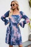 Tie-Dye Square Neck Flounce Sleeve Dress - Trendsi - Flyclothing LLC