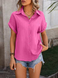 Textured Button Up Cap Sleeve Shirt - Trendsi - Flyclothing LLC