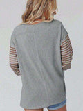 Round Neck Striped Long Sleeve Slit T-Shirt - Trendsi - Flyclothing LLC