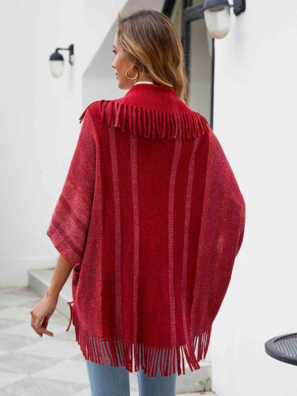 Fringe Detail Open Front Poncho - Trendsi - Flyclothing LLC