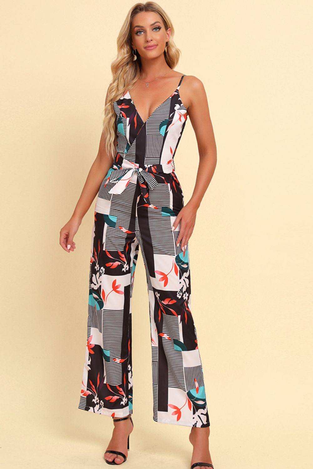 Printed Spaghetti Strap Tied Jumpsuit - Trendsi - Flyclothing LLC