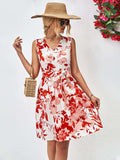 Floral V-Neck Tie Waist Sleeveless Dress - Trendsi - Flyclothing LLC