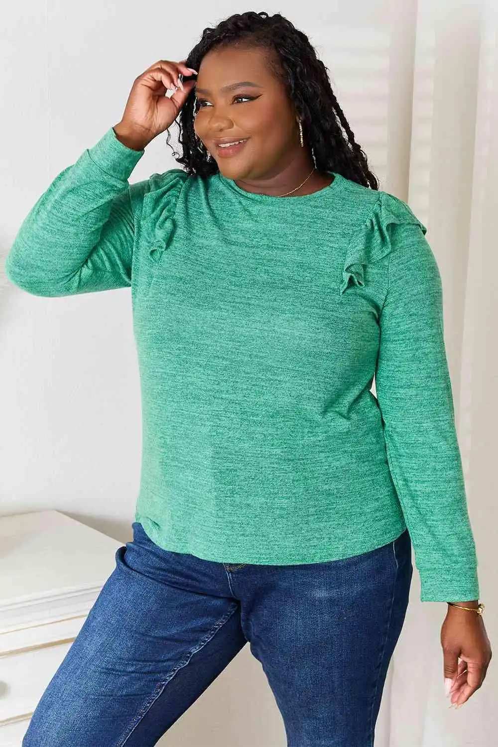 Double Take Ruffle Shoulder Long Sleeve T-Shirt - Trendsi - Flyclothing LLC