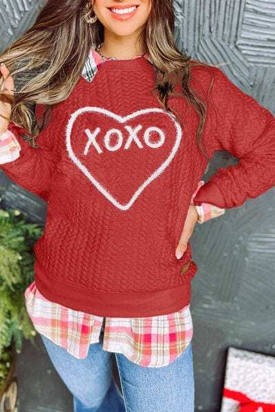 XOXO Heart Round Neck Dropped Shoulder Sweatshirt - Trendsi - Flyclothing LLC