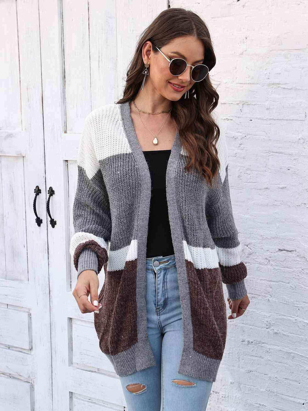 Color Block Open Front Cardigan - Trendsi - Flyclothing LLC