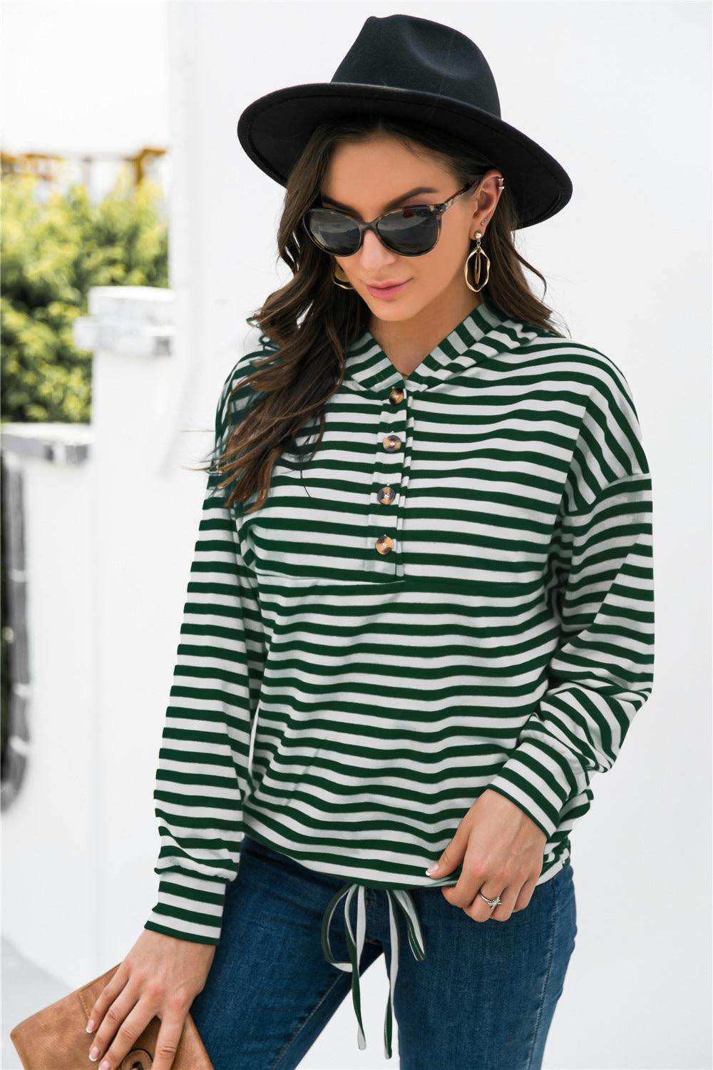 Striped Half-Button Dropped Shoulder Hoodie - Trendsi - Flyclothing LLC