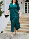 Plus Size Slit Surplice Short Sleeve Midi Dress - Trendsi - Flyclothing LLC