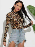 Leopard Mock Neck Long Sleeve T-Shirt - Trendsi - Flyclothing LLC