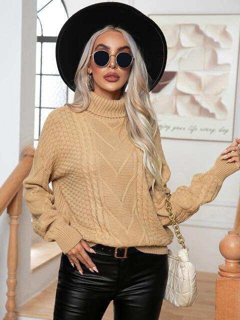 Turtleneck Cable-Knit Long Sleeve Sweater - Trendsi - Flyclothing LLC
