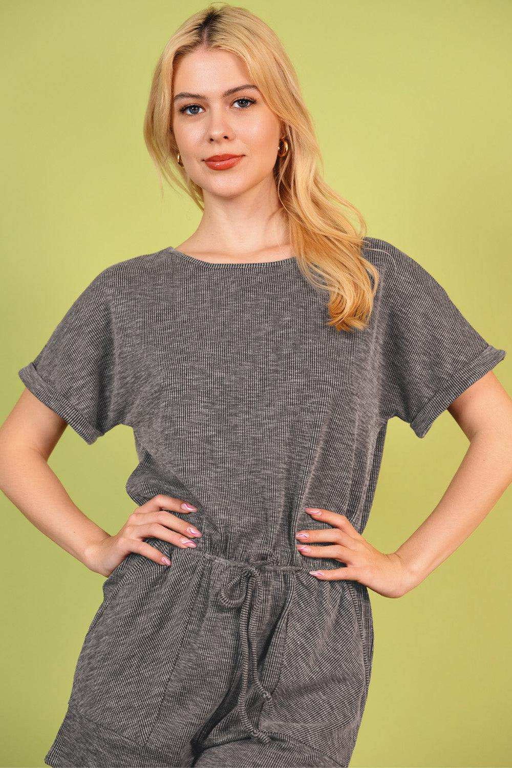 Round Neck Short Sleeve Romper with Pockets - Trendsi - Flyclothing LLC