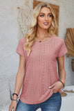 Eyelet Round Neck Rolled Short Sleeve T-Shirt - Trendsi - Flyclothing LLC